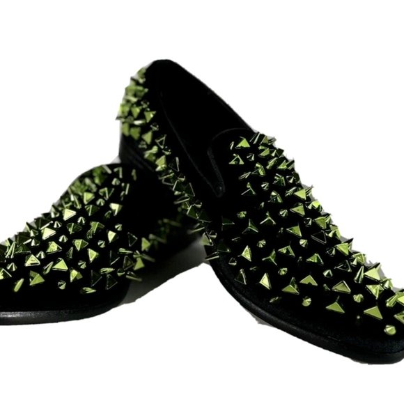 Amali Men's Slip-on Smoking Loafer Shoes Black Green Spikes Sizes 8.5 - 13 - Picture 1 of 12
